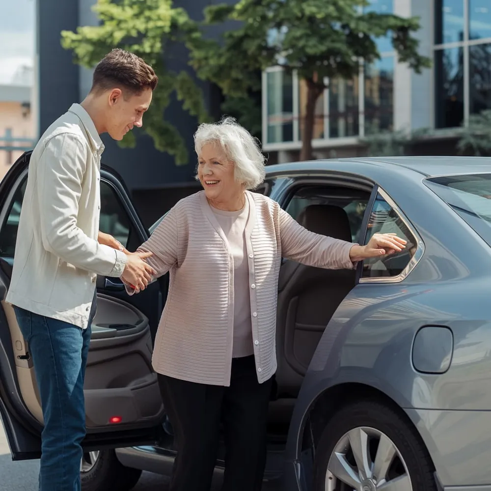 Chauffeur EA TAXI aidant une personne âgée à monter en voiture
